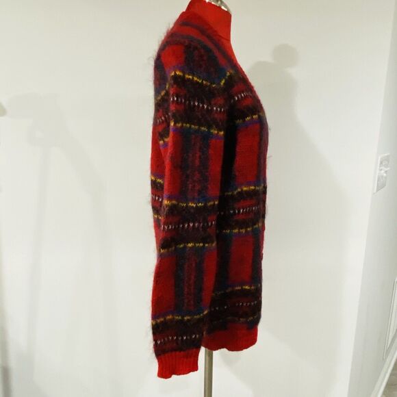 Vintage Susan Bristol Sz M Red Plaid Mohair Wool Blend Cardigan Sweater Classic - Picture 4 of 12